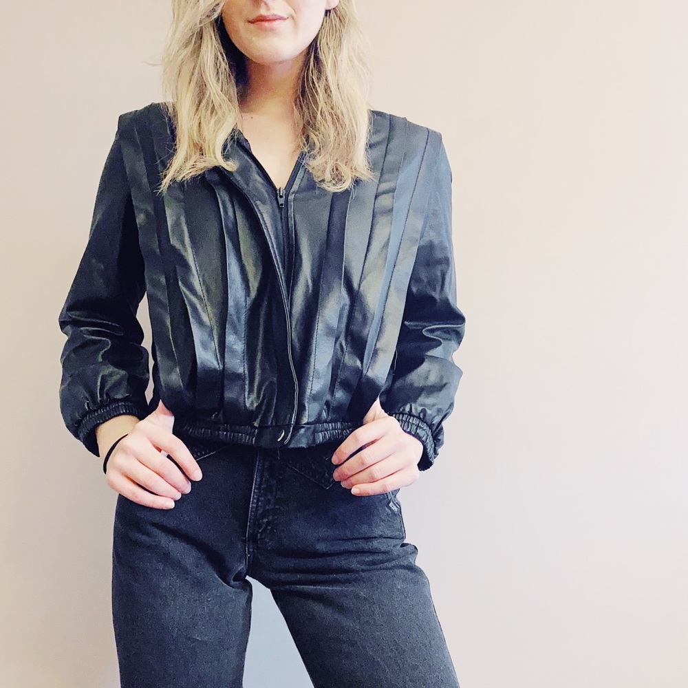 Vintage black pleated leather jacket